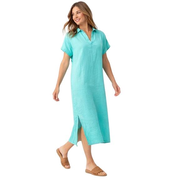 Tahari Dresses & Skirts - Tahari Women’s Turquoise Linen Blend Short Sleeve Midi Dress Size L